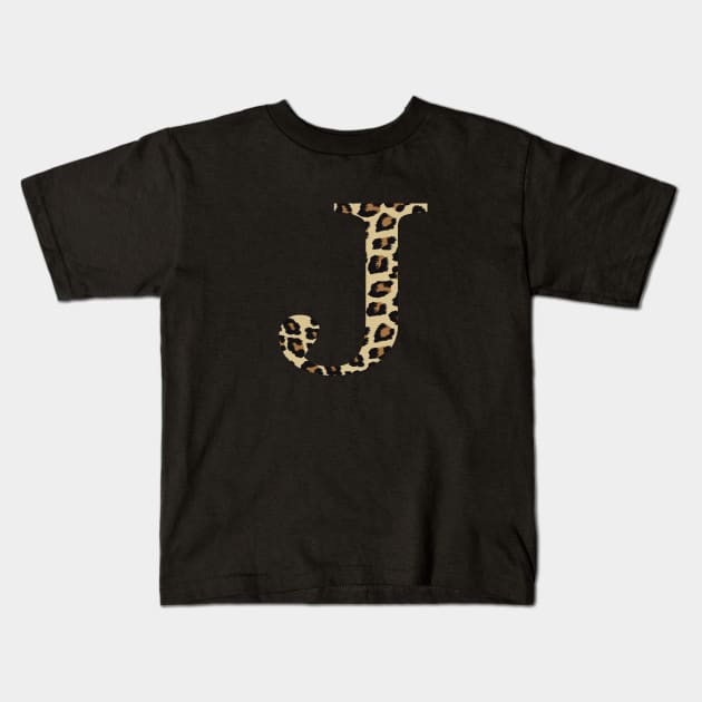 Letter J Leopard Cheetah Monogram Initial Kids T-Shirt by squeakyricardo